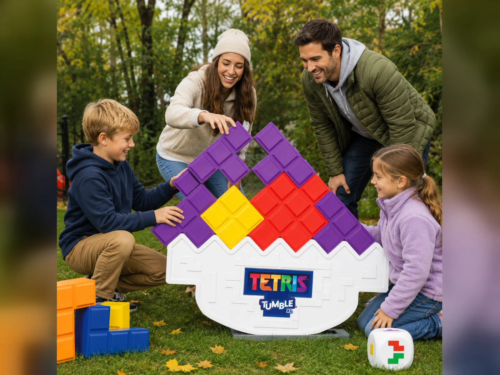 A family stacking oversized Tetris blocks on the Tetris Tumble XL tilting tower on a lawn