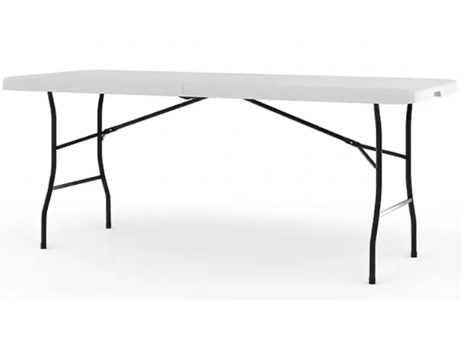 White 6-foot folding table with black folding steel legs