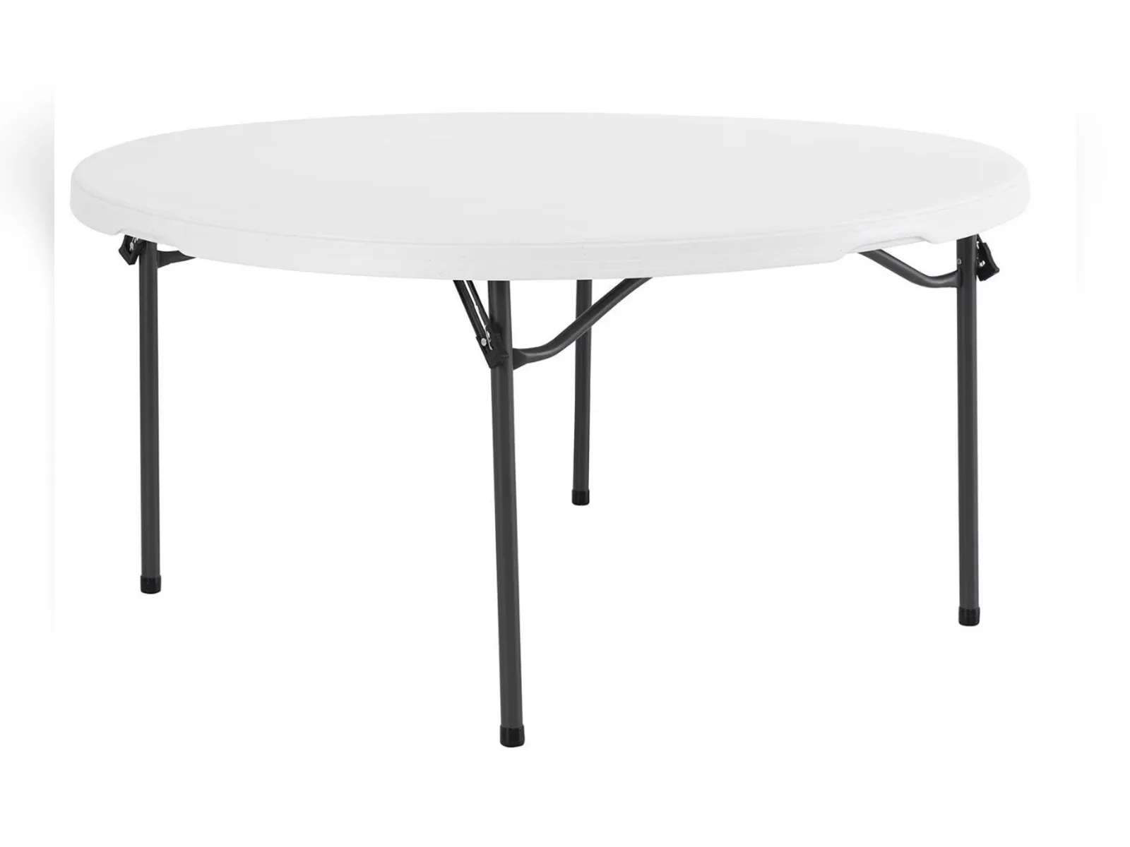 White 60-inch round folding table with black folding steel legs