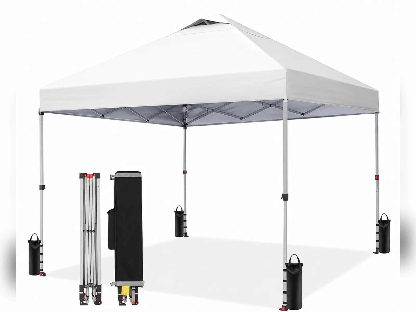 White 10x10 straight-leg pop-up canopy with weight bags on each foot, shown beside its folded frame and wheeled carry bag