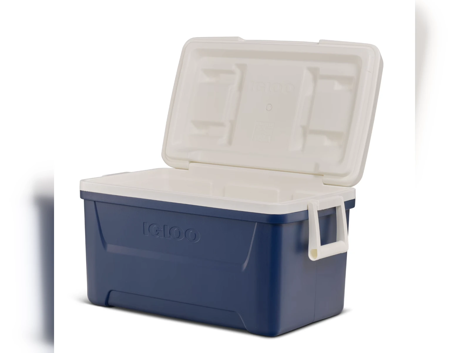 Navy blue 48-quart hard-sided cooler with lid open, white interior and lid